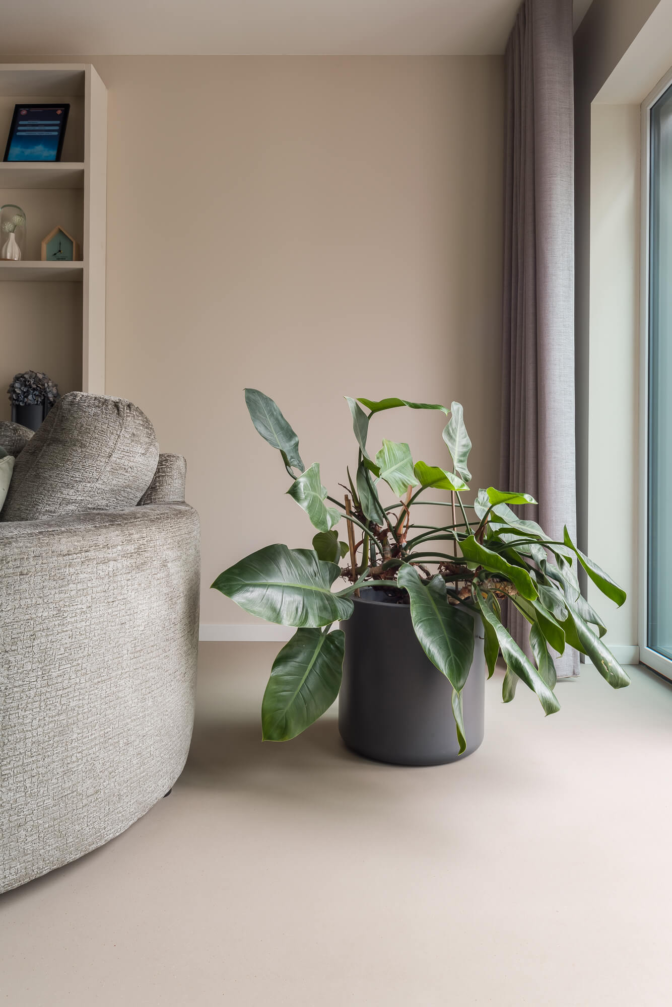 Micro terrazzo gietvloer met plant in pot op vloer en klein stukje bank